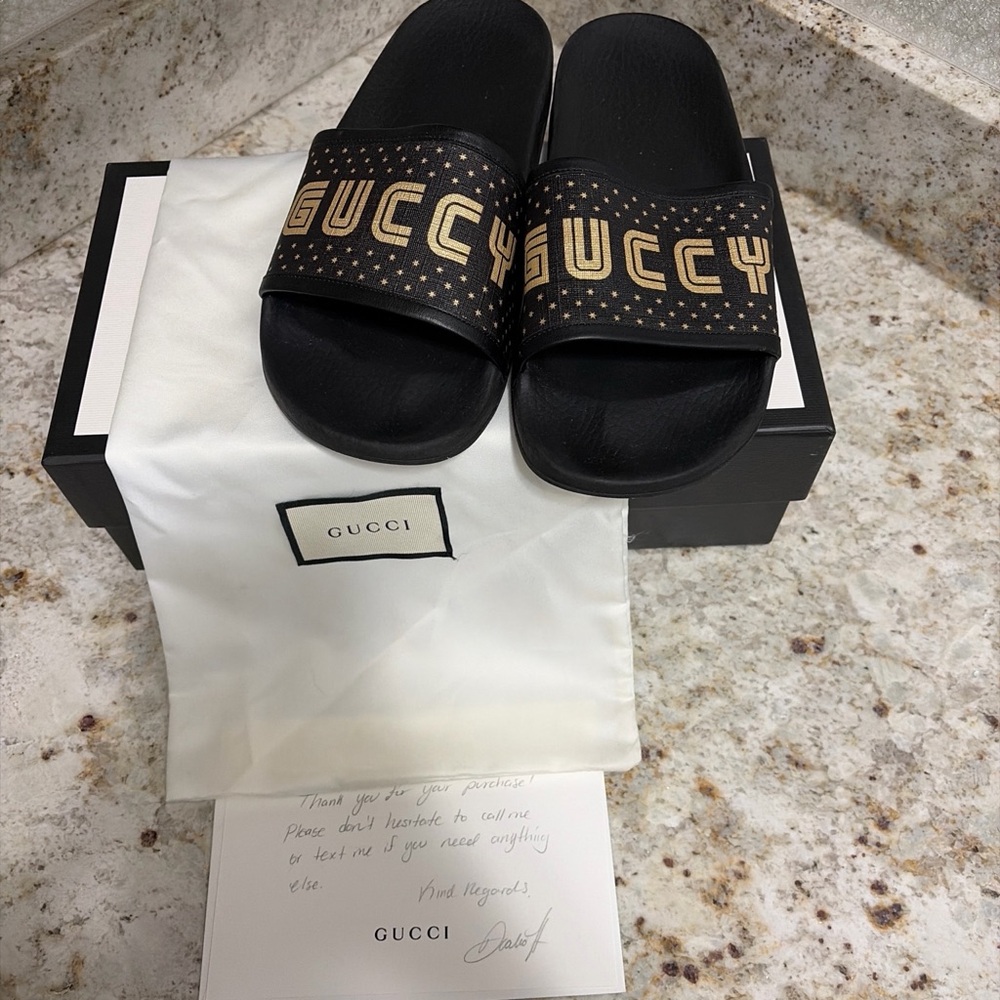 Gucci Black and Gold Logo Slide Sandals